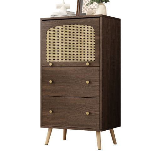 Breathable Rattan Storage Sideboard, 2 Drawer 1 Upward Flip Door Storage Bookcase Cabinet, L 60 XW 40 XH 113 Cm