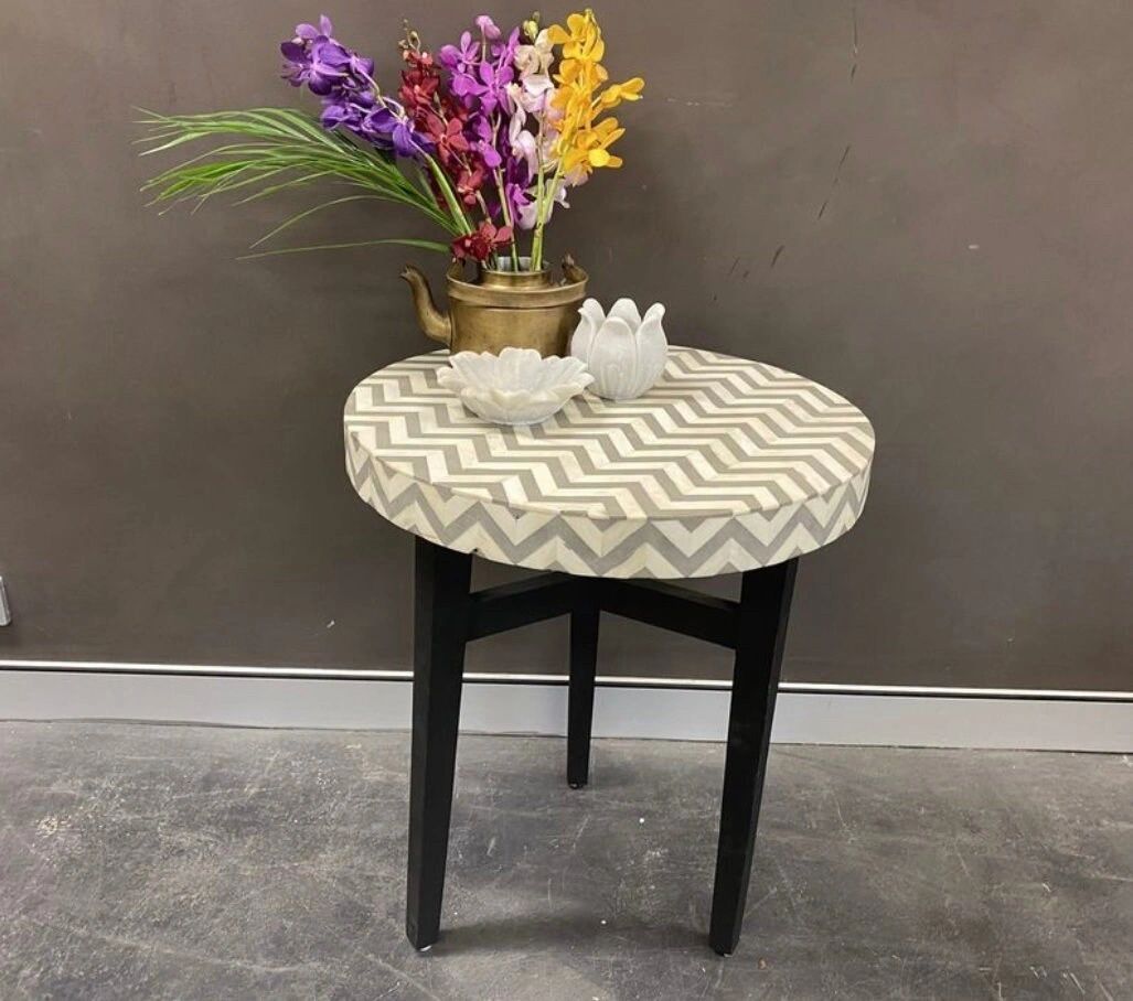 Heritage inlay in Black geometric pattern wooden plant stand or side table in grey