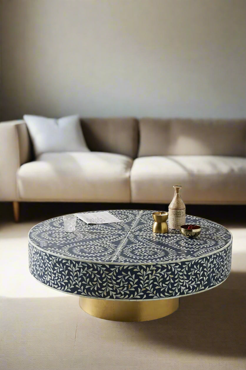 Heritage inlay floral pattern with brass metal base round coffee table in Navy blue