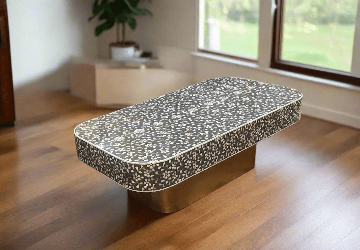 Mother of pearl inlay floral pattern with brass metal base on wooden coffee table