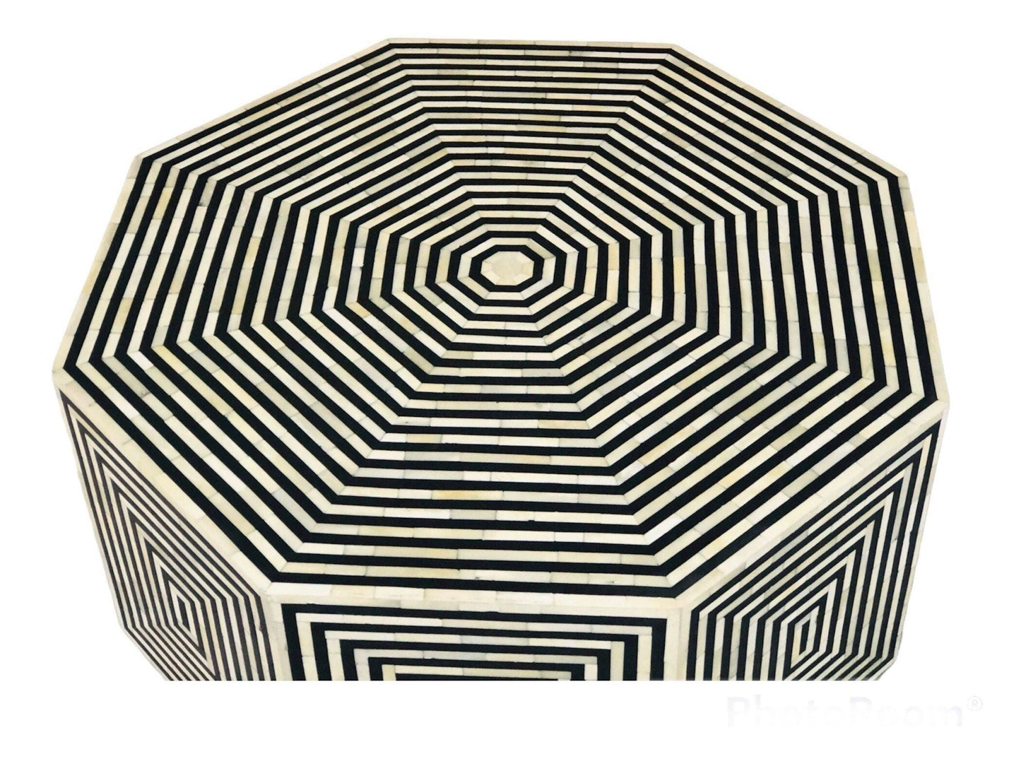 Heritage inlay geometric pattern on wooden hexagon coffee table