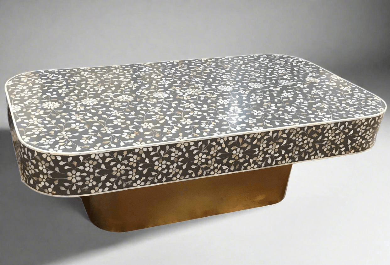 Mother of pearl inlay floral pattern with brass metal base on wooden coffee table