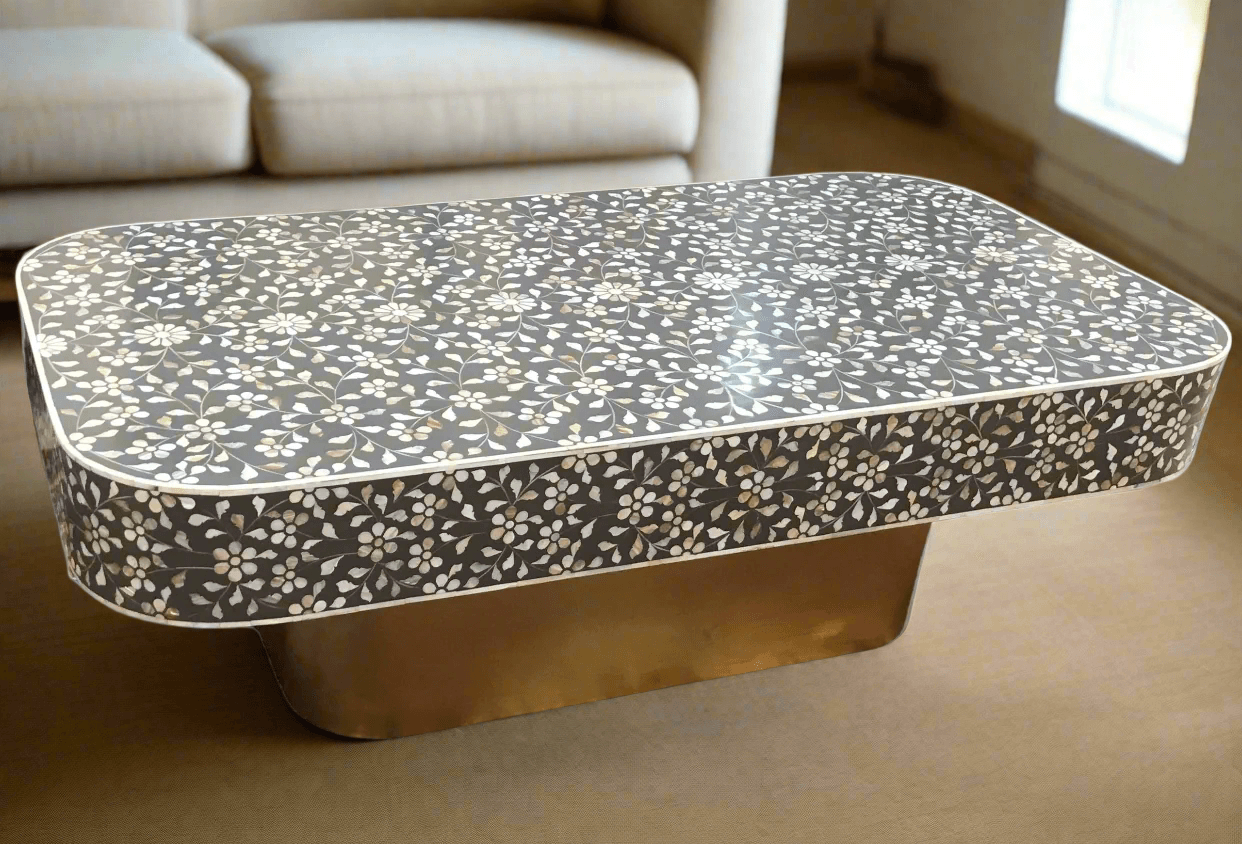 Mother of pearl inlay floral pattern with brass metal base on wooden coffee table