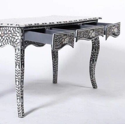 Mother of pearl inlay floral pattern with three drawer wooden console or writing desk table