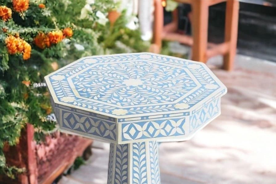 Heritage inlay floral pattern pedestal side table