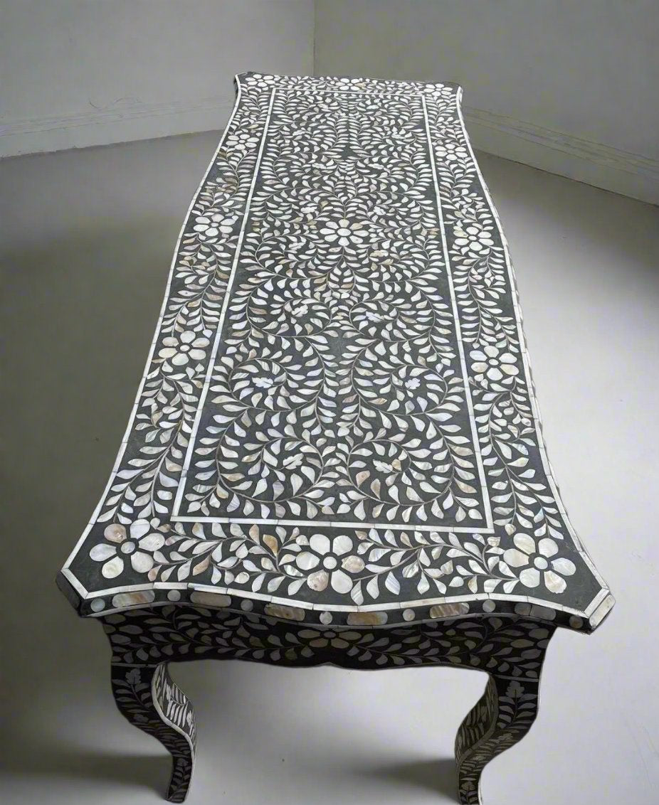 Mother of pearl inlay floral pattern with three drawer wooden console or writing desk table