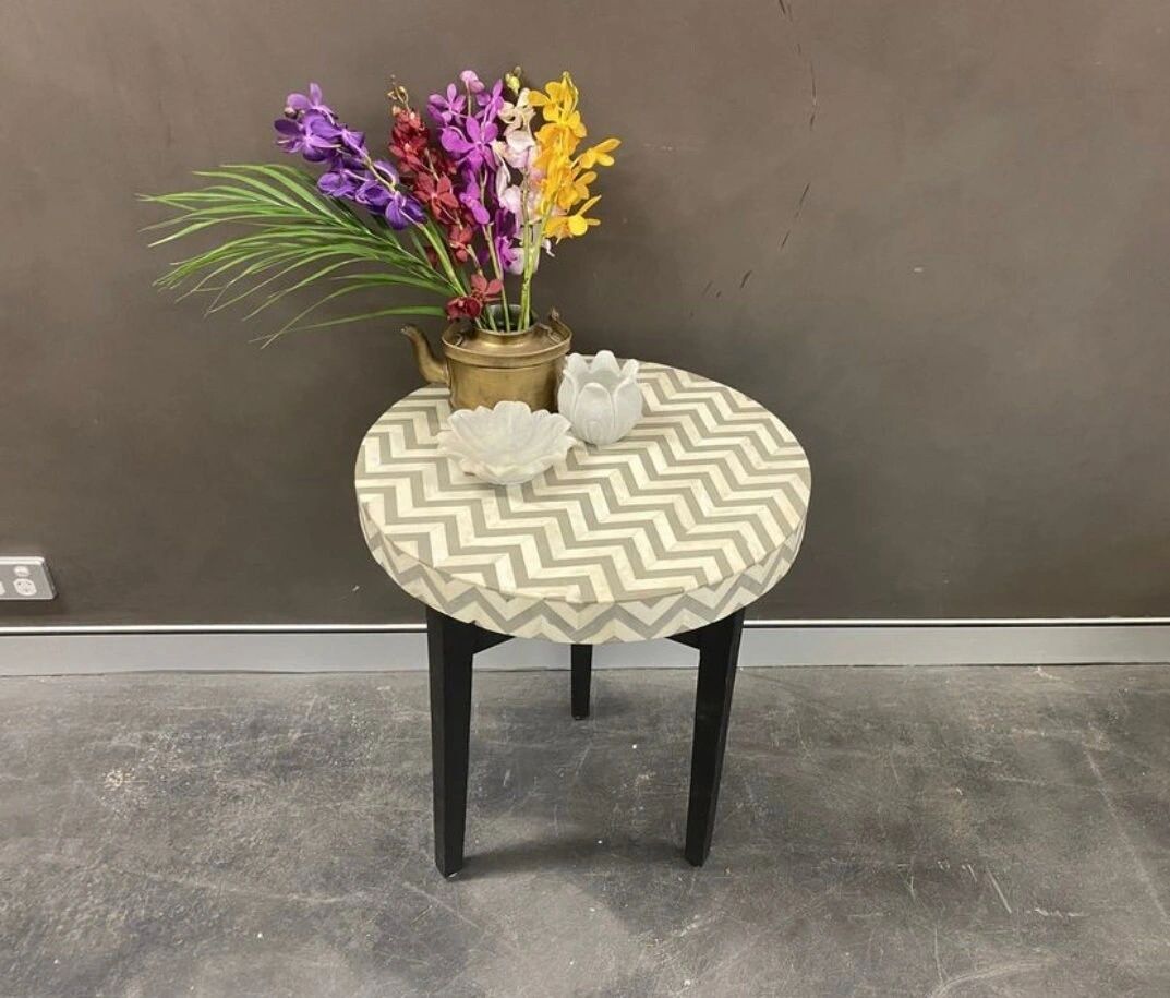 Heritage inlay in Black geometric pattern wooden plant stand or side table in grey