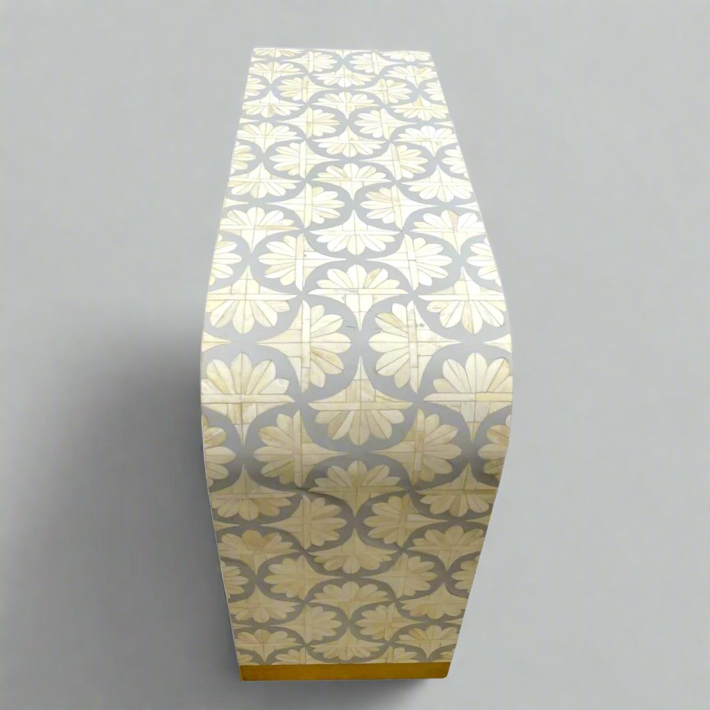 Heritage inlay lotus pattern with brass metal base legs wooden waterfall console table in grey