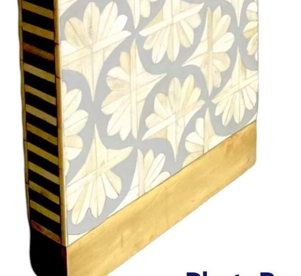 Heritage inlay lotus pattern with brass metal base legs wooden waterfall console table in grey