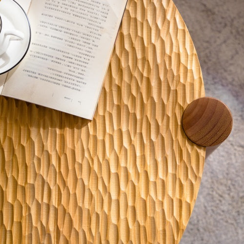 Round Coffee Table With Solid Wood and carved Top