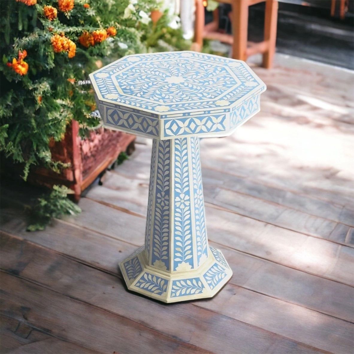 Heritage inlay floral pattern pedestal side table