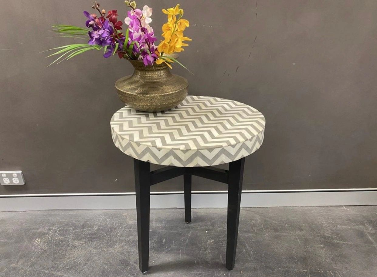 Heritage inlay in Black geometric pattern wooden plant stand or side table in grey