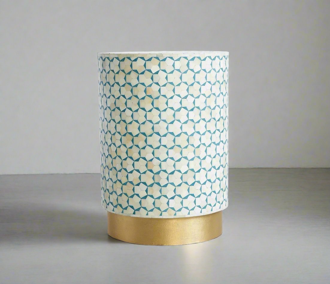 Heritage inlay targua pattern with brass base on wooden round End table in teal