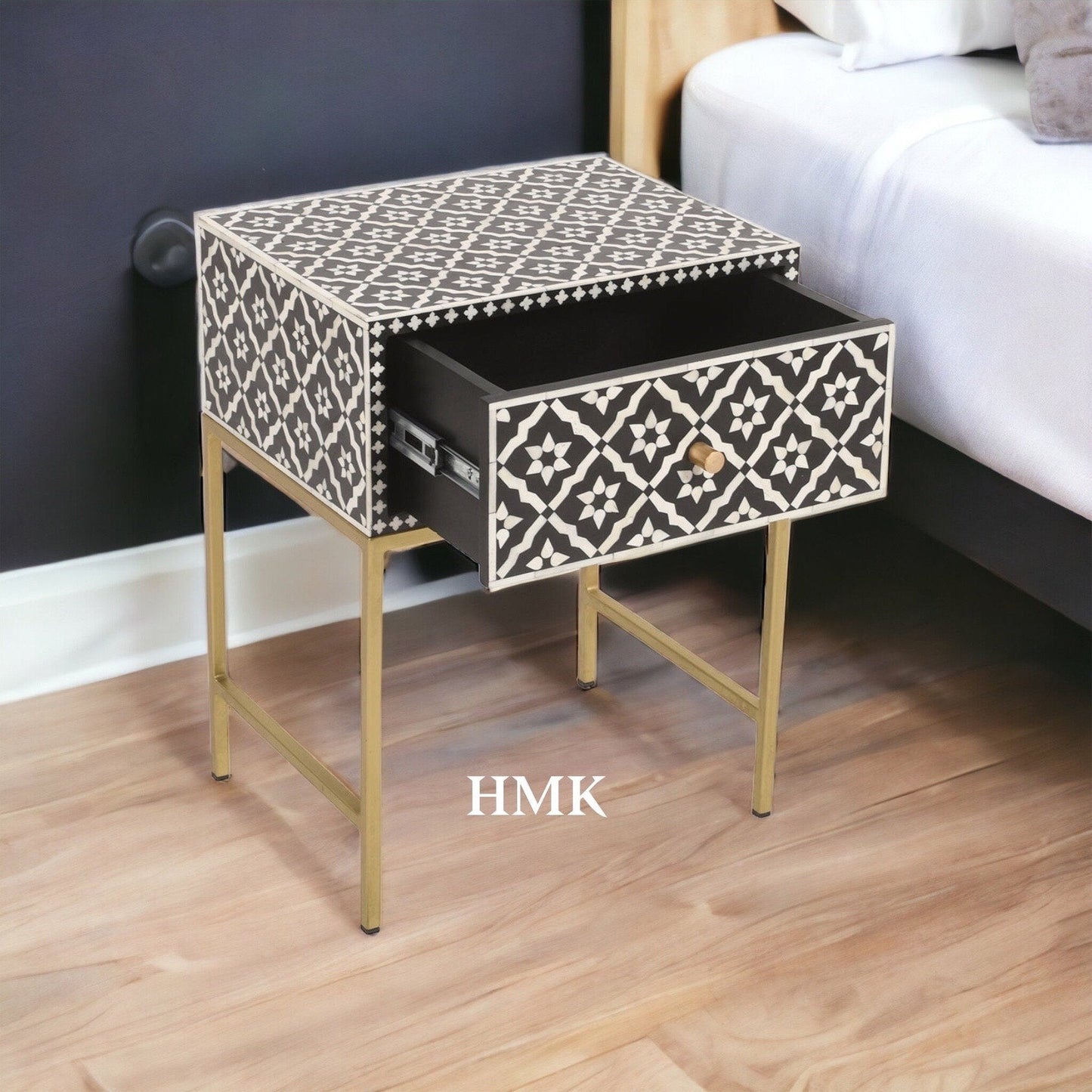 Heritage inlay morocco pattern wooden one drawer bedside / nightstand / side table with golden stand