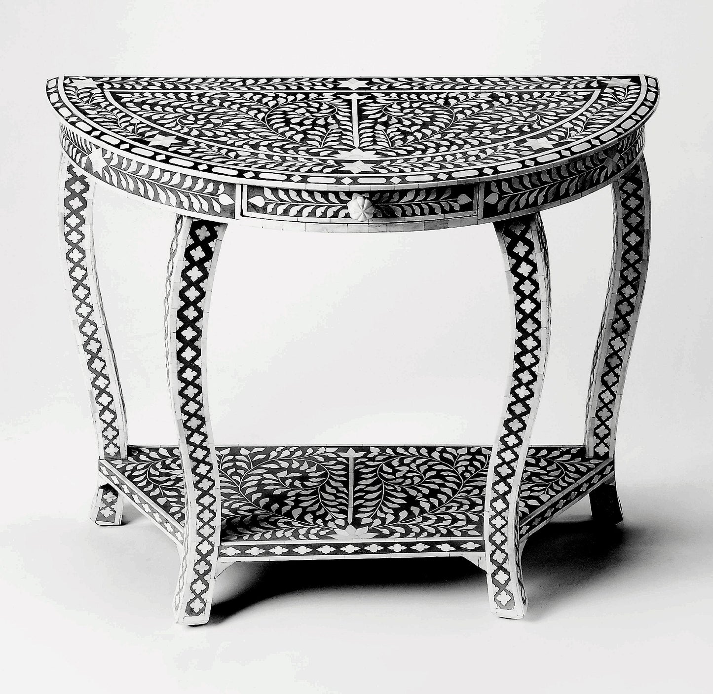 Heritage inlay floral pattern one drawer carved wooden console table