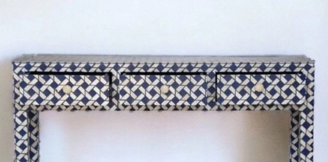 Heritage inlay geometric pattern three drawer wooden console table