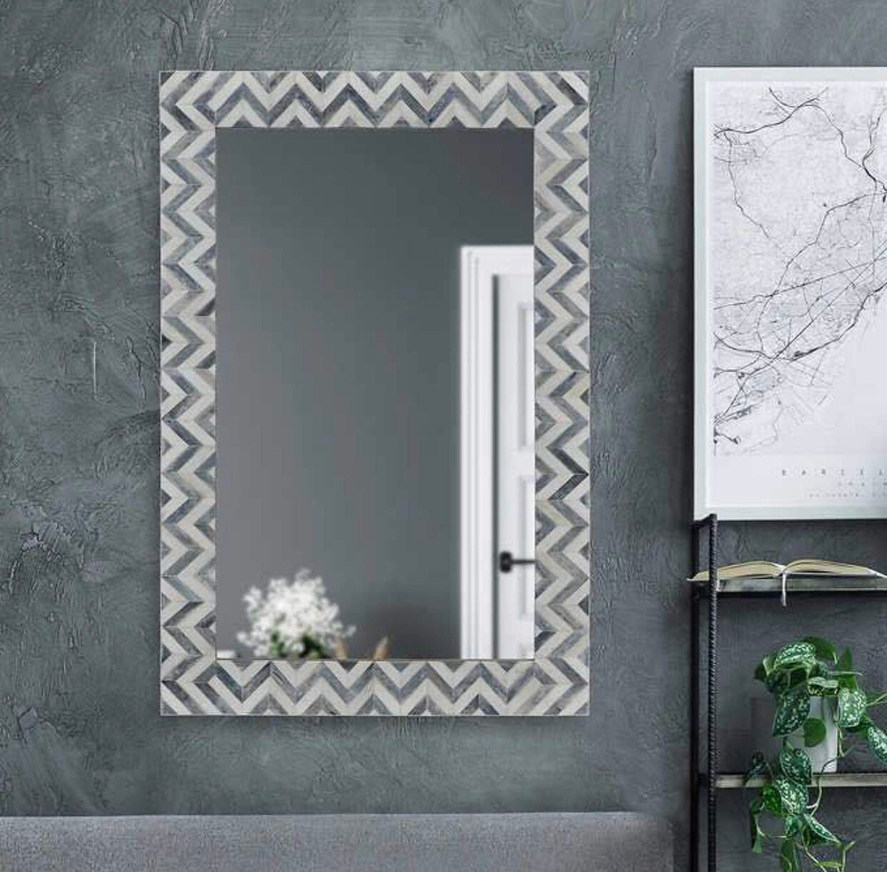 Heritage inlay wall mirror frame in zig-zag pattern in grey and white