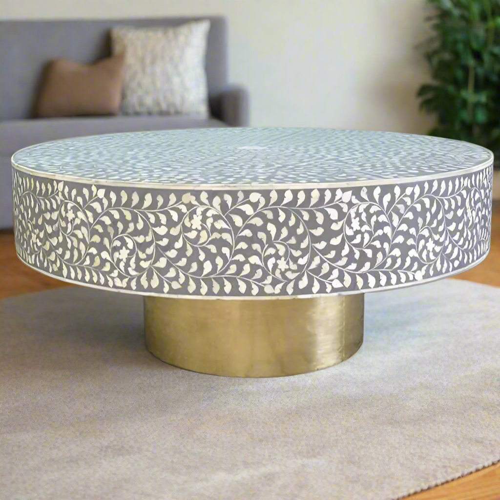 Heritage inlay floral pattern with brass base on coffee table