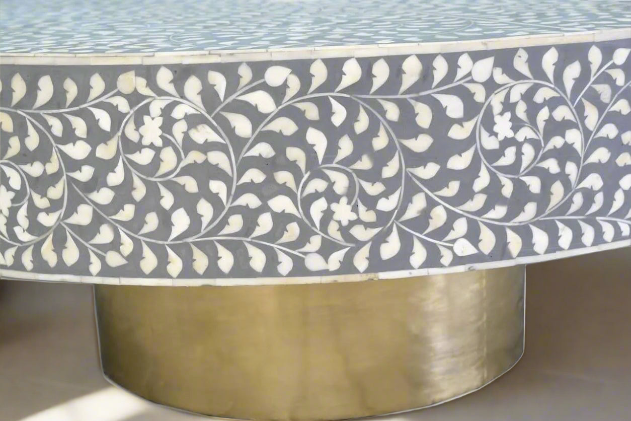 Heritage inlay floral pattern with brass base on wooden coffee table for the living room.