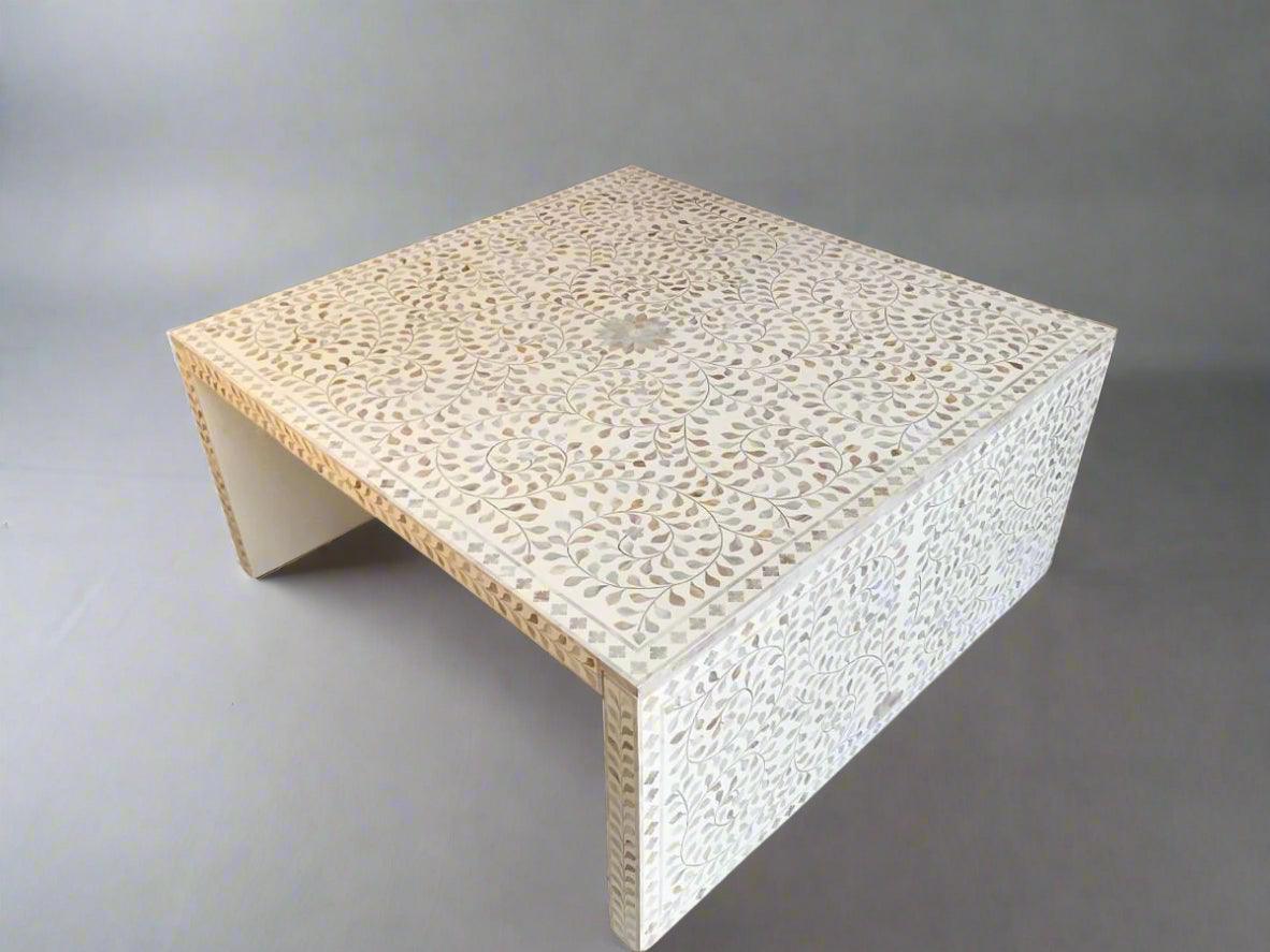 Mother of Pearl inlay floral pattern wooden waterfall coffee table in white