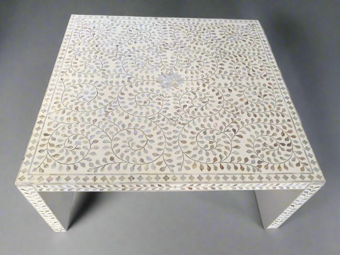 Mother of Pearl inlay floral pattern wooden waterfall coffee table in white