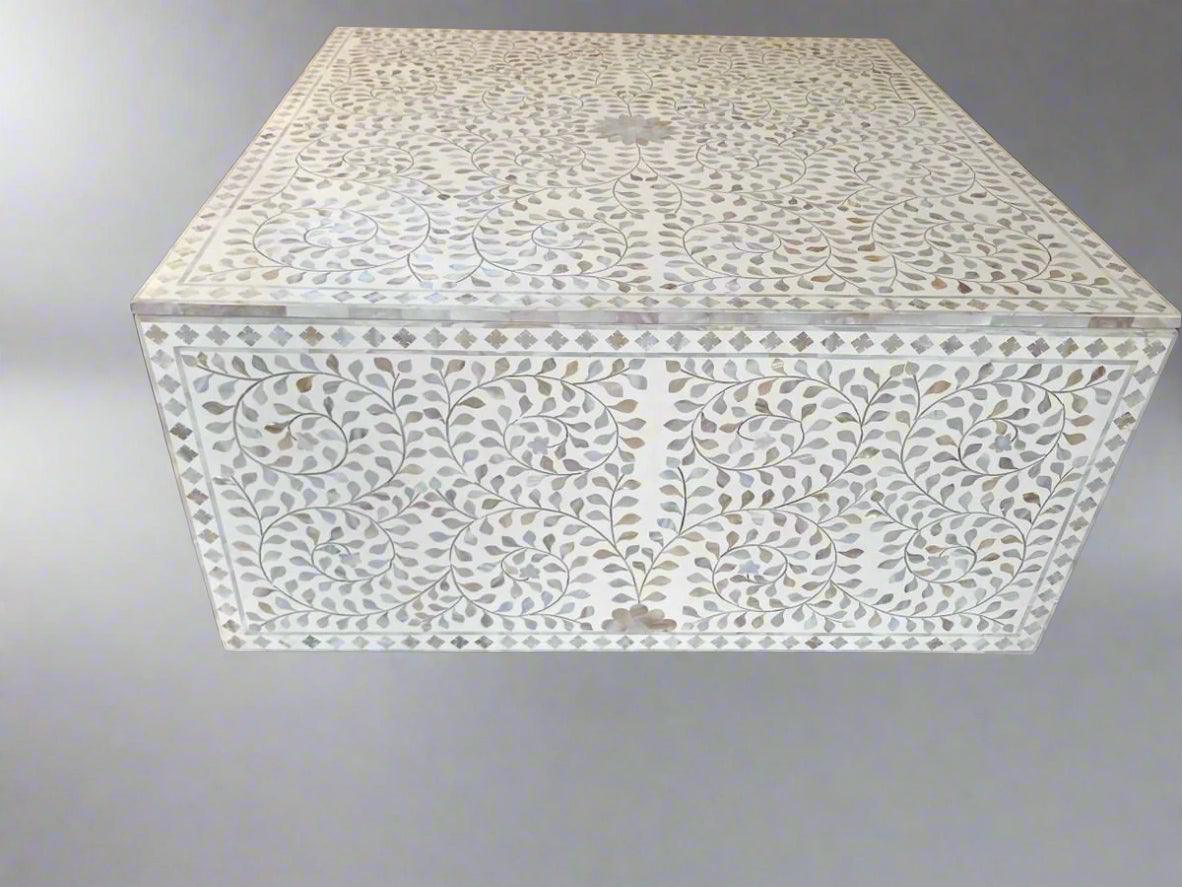 Mother of Pearl inlay floral pattern wooden waterfall coffee table in white