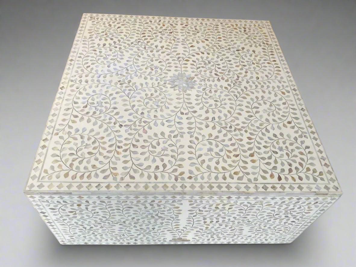 Mother of Pearl inlay floral pattern wooden waterfall coffee table in white