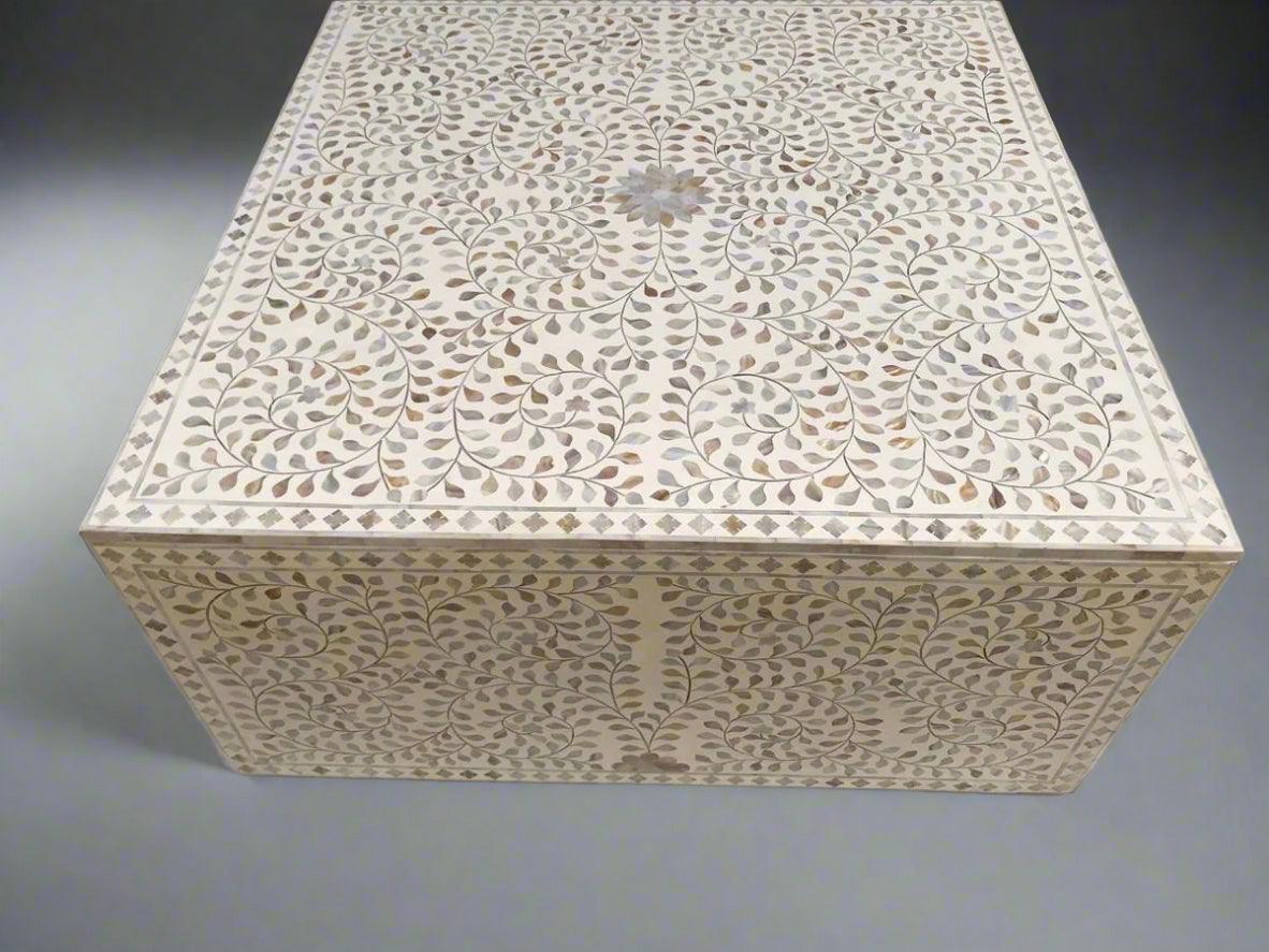 Mother of Pearl inlay floral pattern wooden waterfall coffee table in white