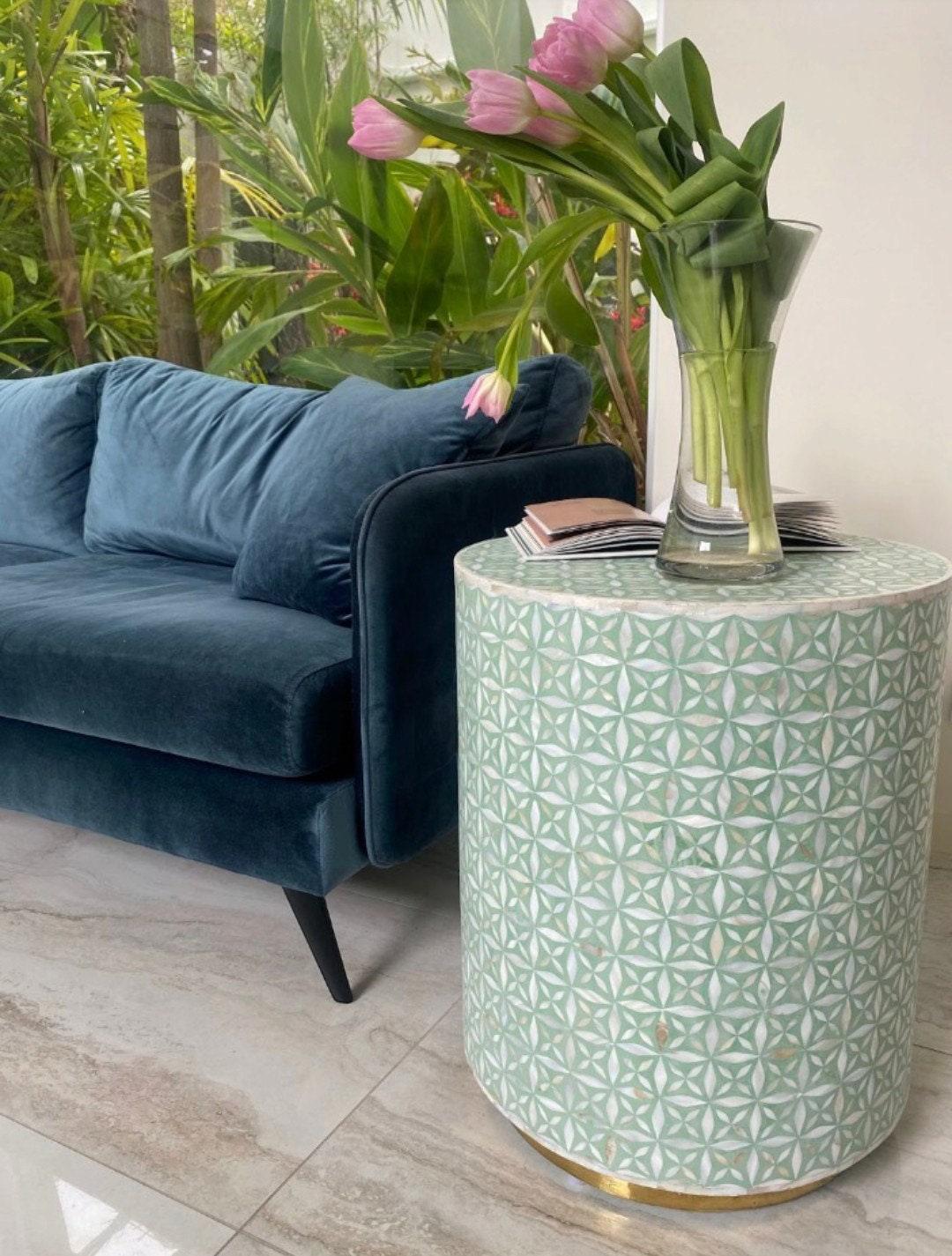 Mother of Pearl inlay wooden round End table with brass base