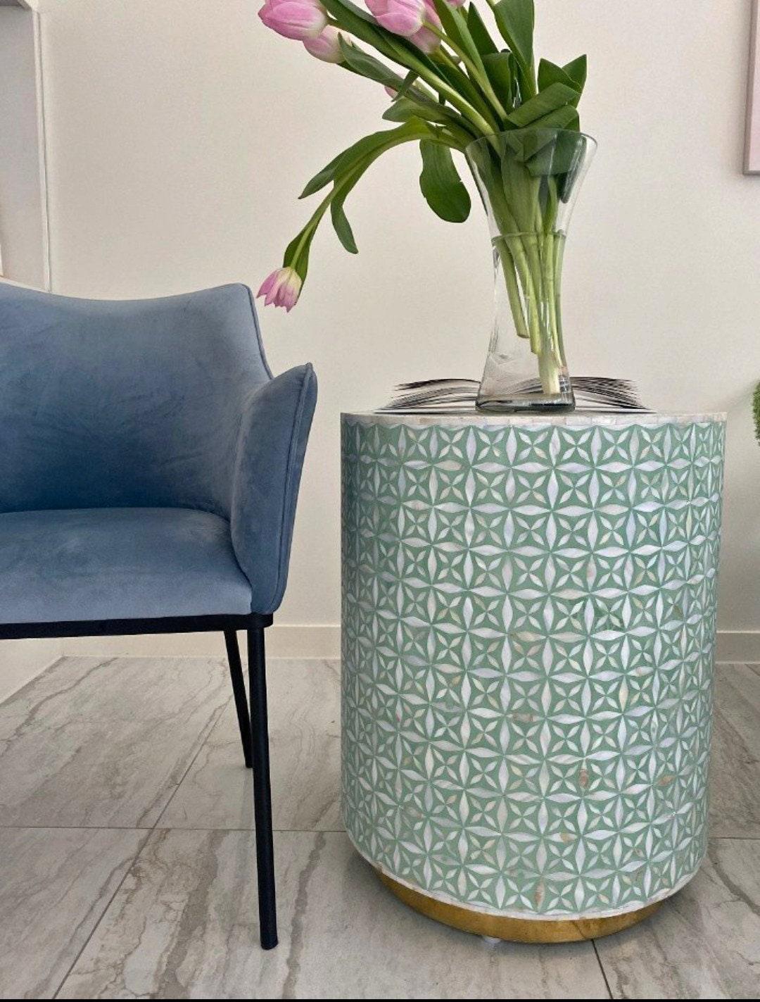 Mother of Pearl inlay wooden round End table with brass base