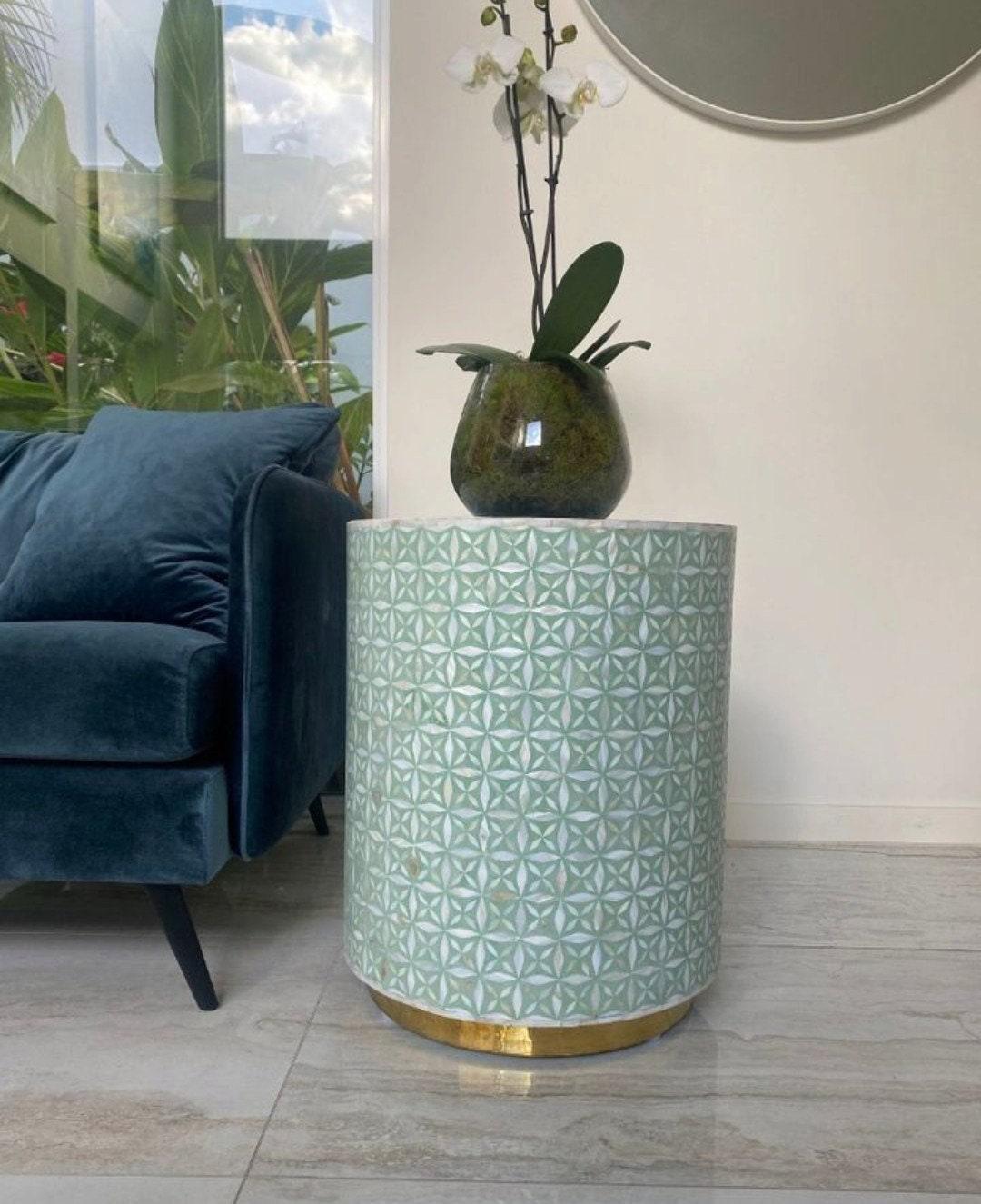 Mother of Pearl inlay wooden round End table with brass base