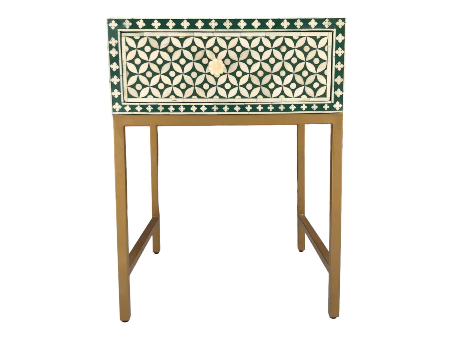 Heritage inlay morocco pattern wooden one drawer bedside / nightstand / side table with golden stand