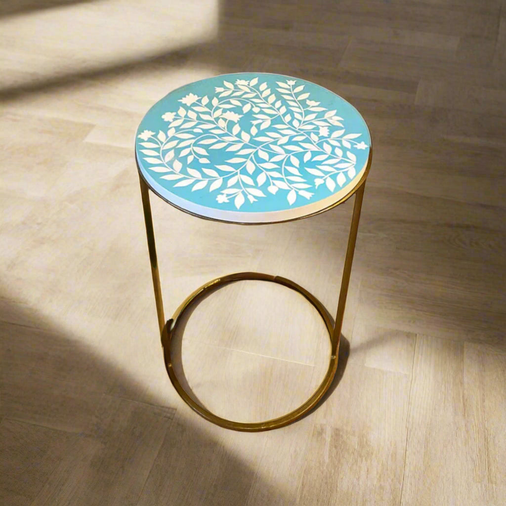 Heritage inlay in floral pattern wooden plant stand or side table