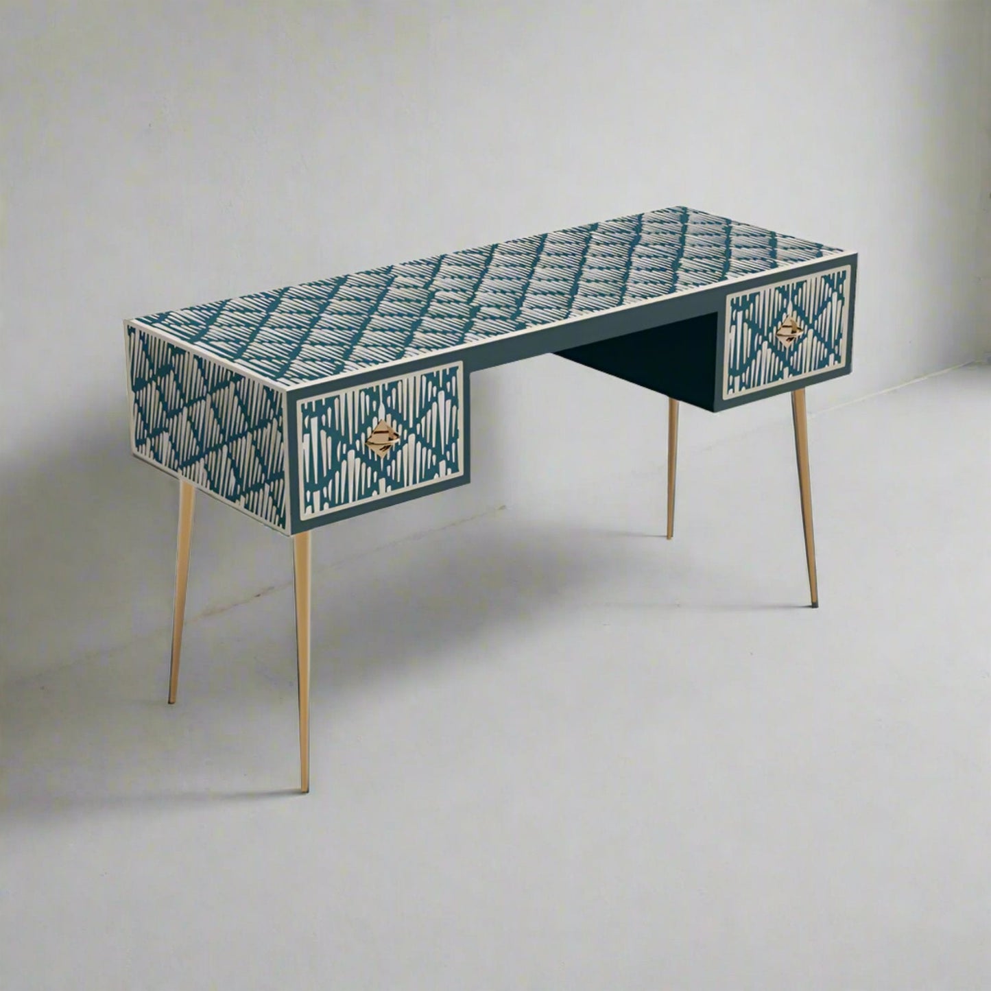 Heritage Inlay 2 Drawer Desk or Console Gold Coated Metal Legs