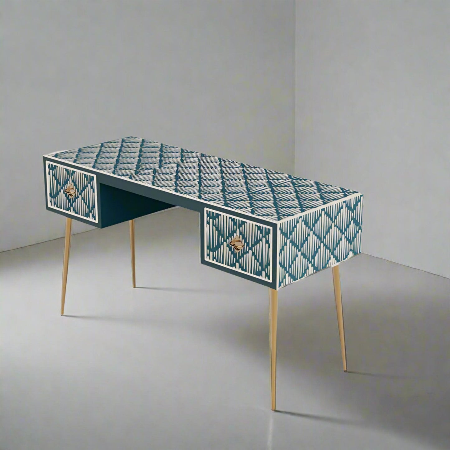 Heritage Inlay 2 Drawer Desk or Console Gold Coated Metal Legs