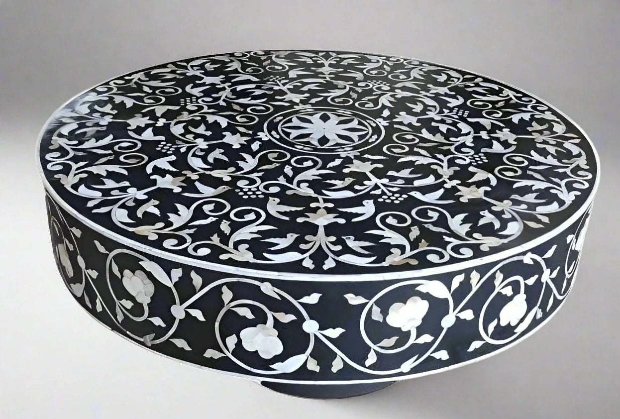   Mother of Pearl inlay on wood coffee table in black for enhancing the living room