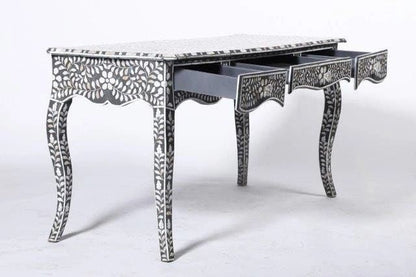  Mother of pearl  inlay floral pattern with three drawer wooden console or writing desk table