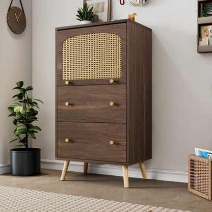 Breathable Rattan Storage Sideboard, 2 Drawer 1 Upward Flip Door Storage Bookcase Cabinet, L 60 XW 40 XH 113 Cm