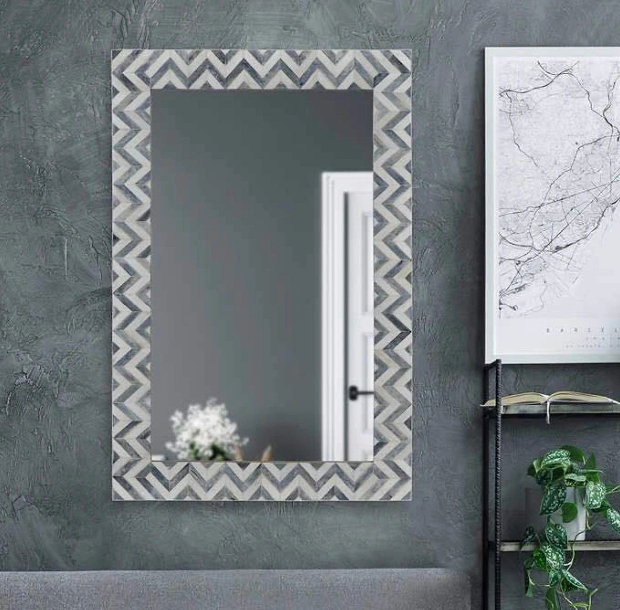   Heritage inlay  wall mirror frame in zig-zag pattern in grey and white