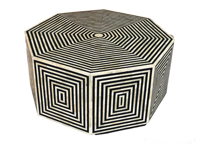   Heritage inlay geometric pattern on wooden hexagon coffee table 