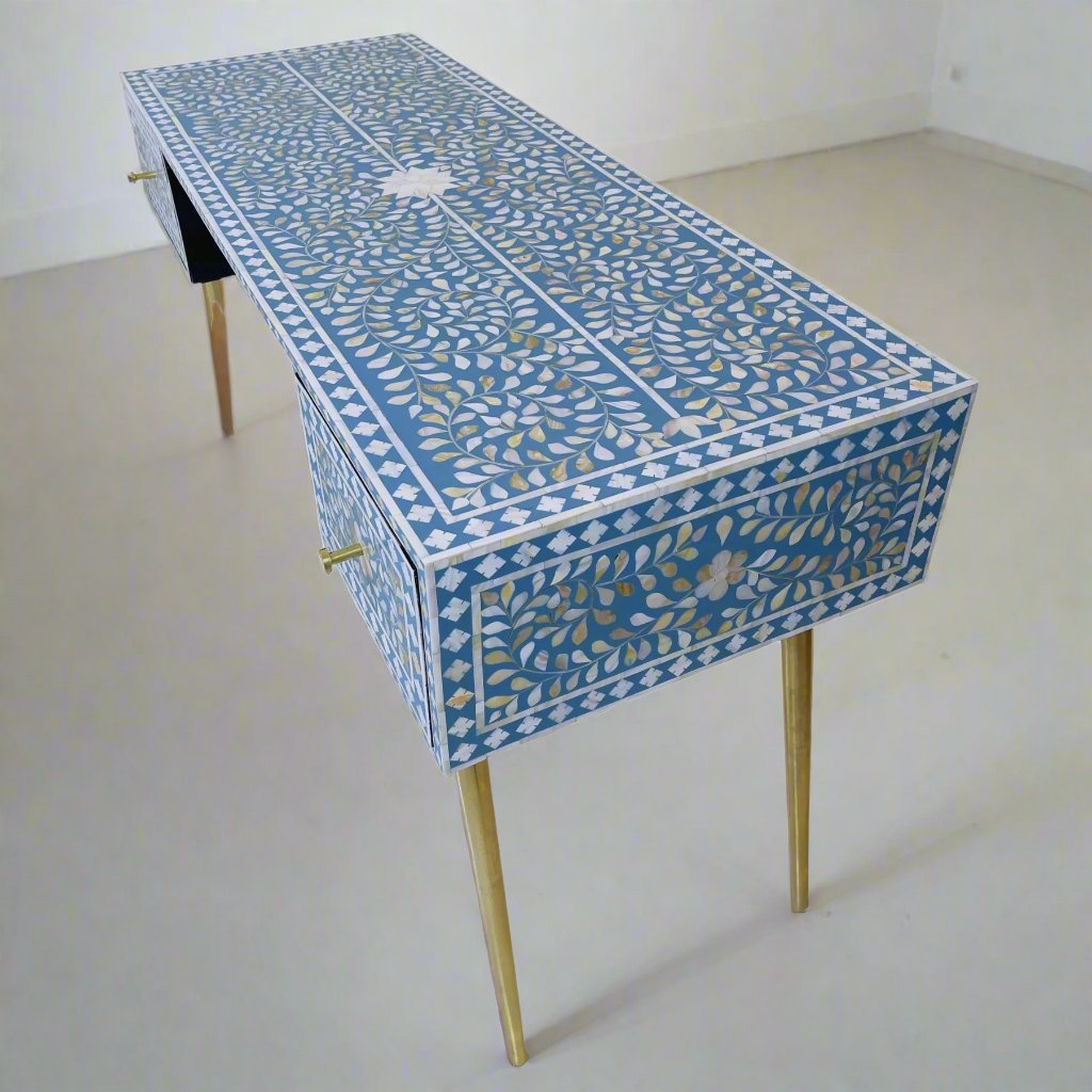 Mother of Pearl Inlay 2 Drawer Desk or Console Gold Coated Metal Legs