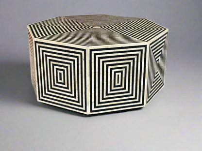   Heritage inlay geometric pattern on wooden hexagon coffee table 