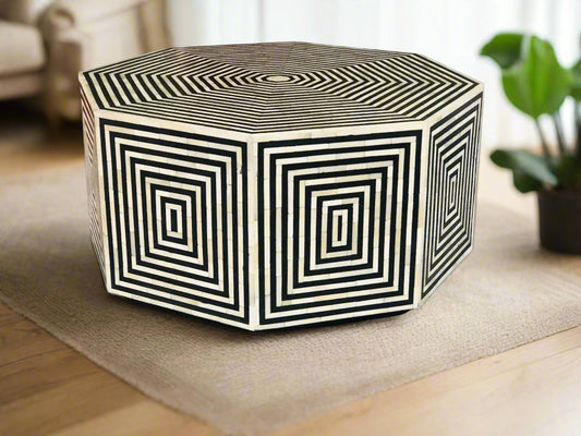   Heritage inlay geometric pattern on wooden hexagon coffee table 