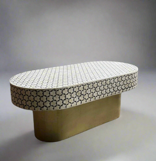 Heritage inlay targua pattern with brass metal base on wooden oval coffee table