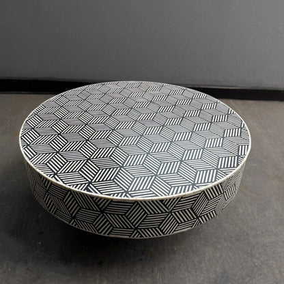   Heritage inlay optical pattern with brass base on wooden round coffee table s