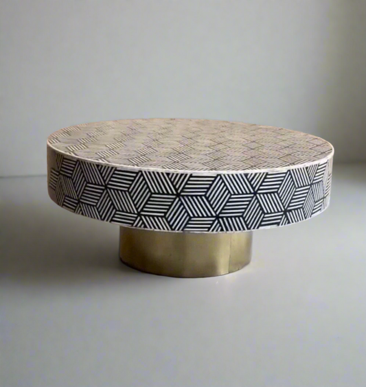 Heritage inlay optical pattern with brass base wooden round coffee table