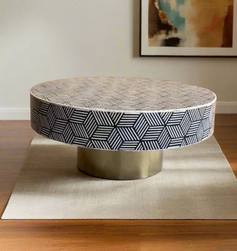   Heritage inlay optical pattern with brass base on wooden round coffee table s
