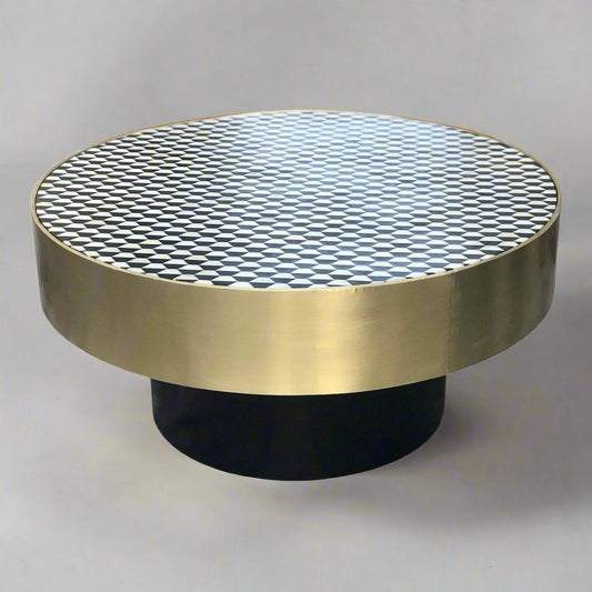  Brass coffee table with Heritage inlay geometric pattern top and black wooden base