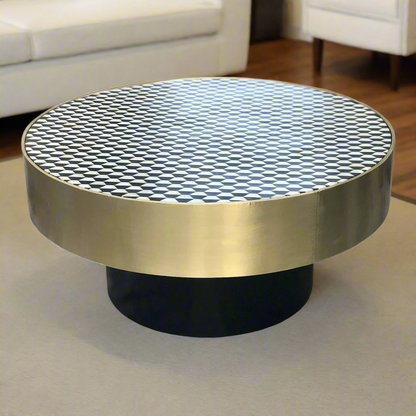Brass round coffee table with Heritage inlay geometric pattern top and black wooden base