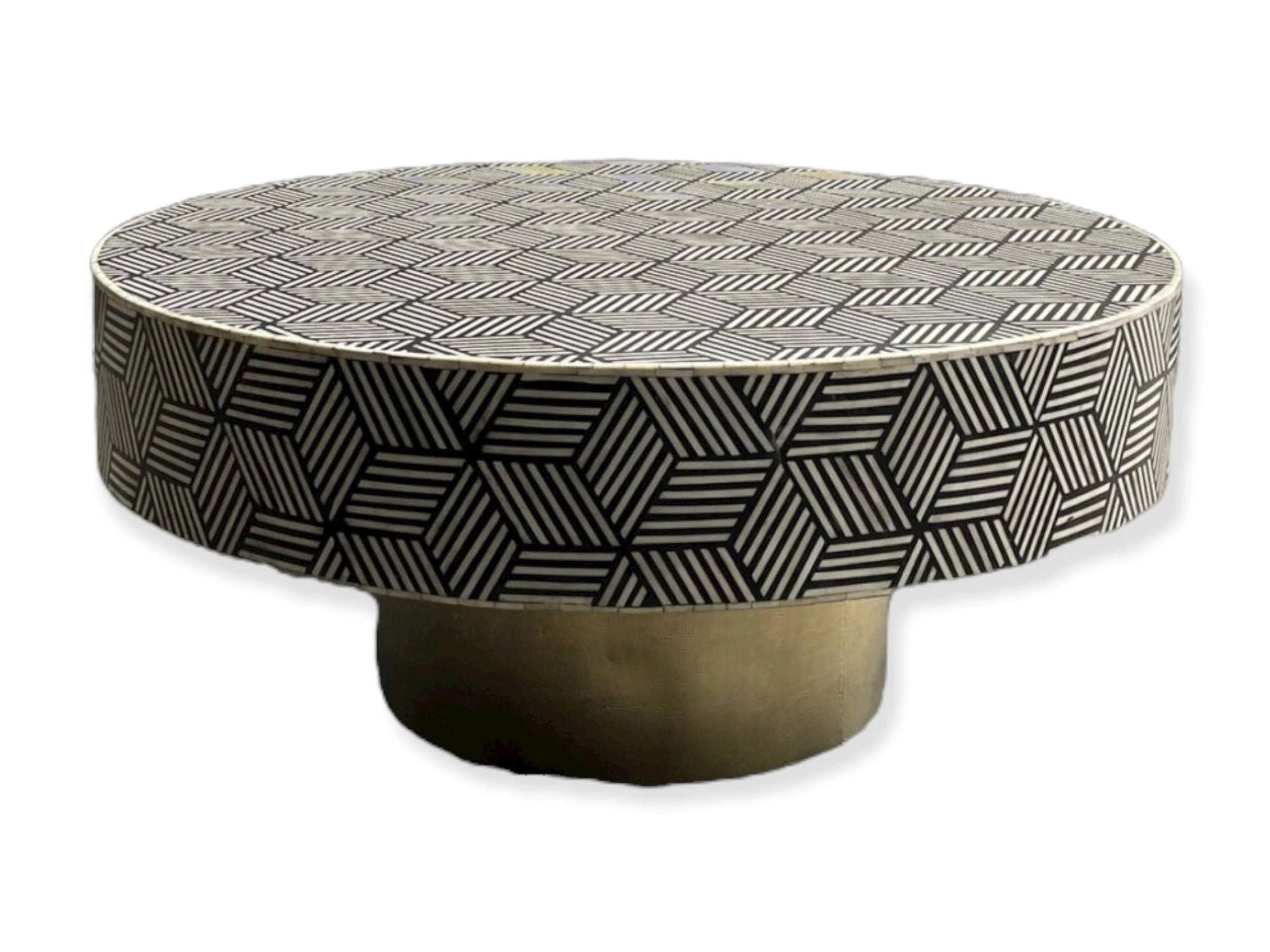   Heritage inlay optical pattern with brass base on wooden round coffee table s